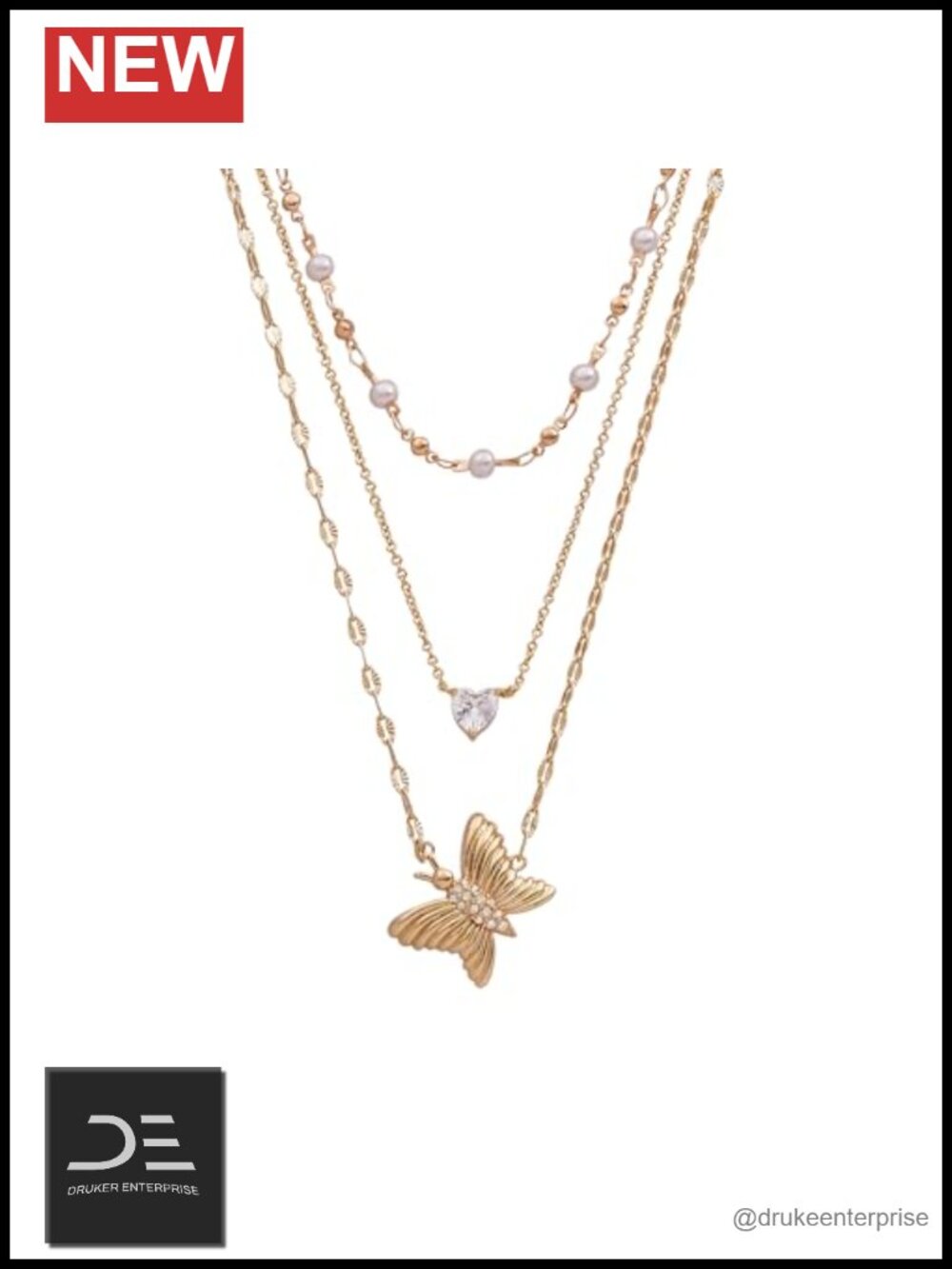 Multi-Length Layering Butterfly Pendant Necklace Gold-Tone Brass Nickel-Free